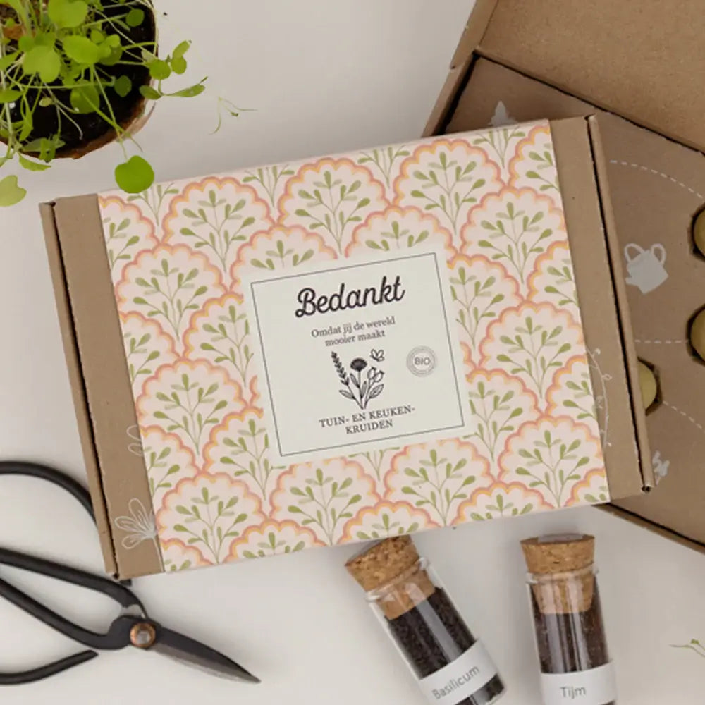 Open Blossombs kruiden cadeaupakket en kruidenkaart voor zorgprofessionals of leraren