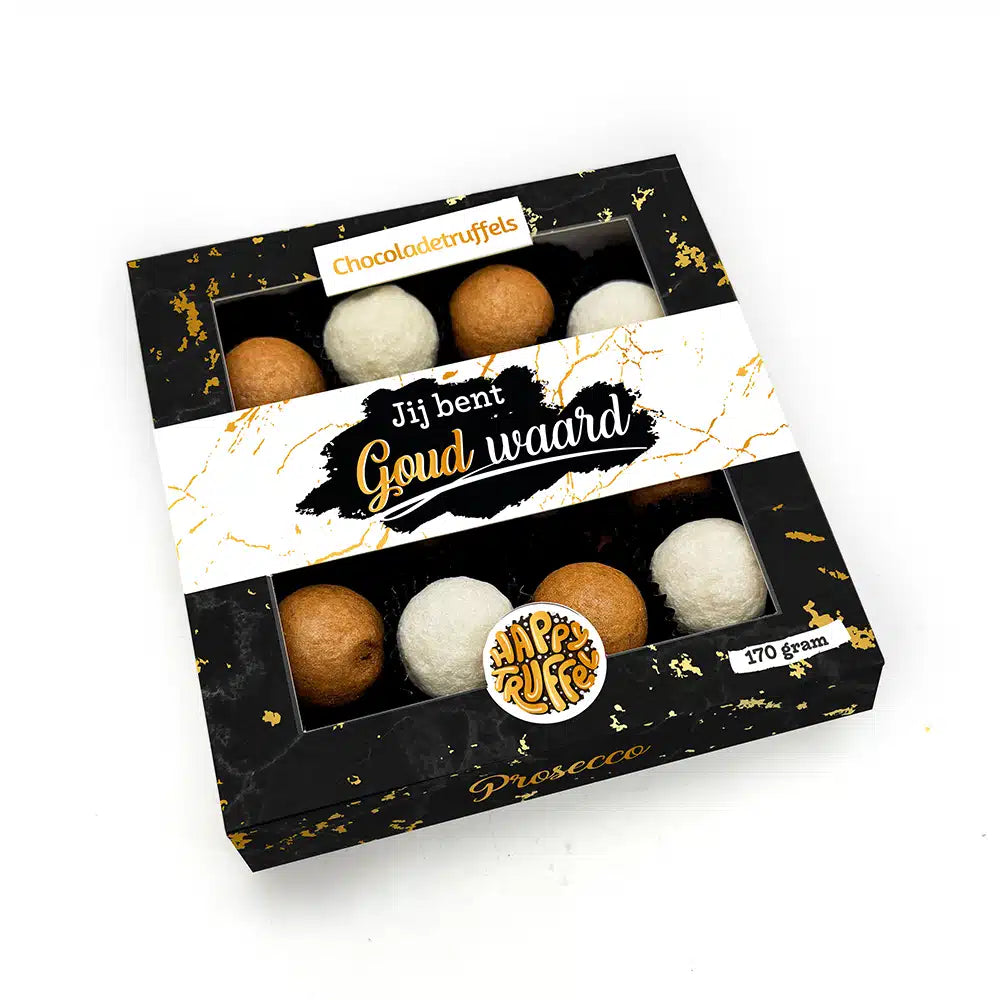 Chocoladetruffels – Prosecco – “Jij bent Goud Waard” (12 truffels)