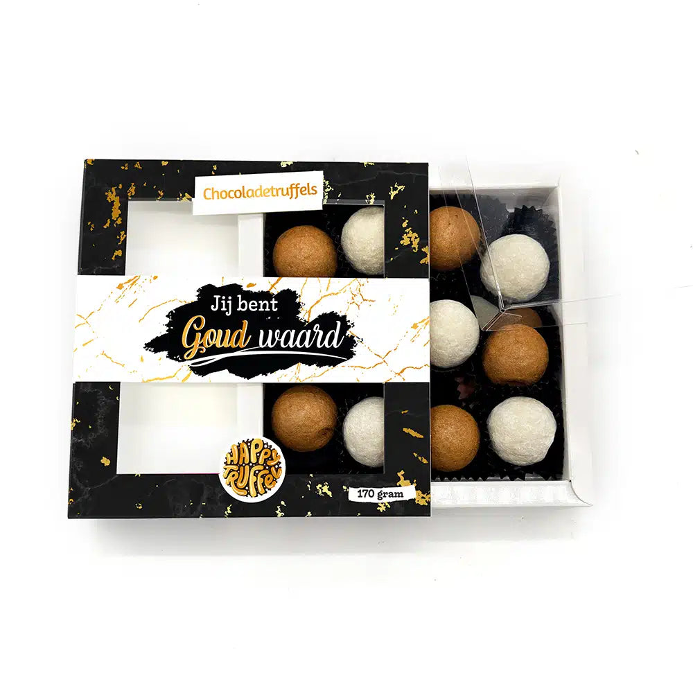 Chocoladetruffels – Prosecco – “Jij bent Goud Waard” (12 truffels)