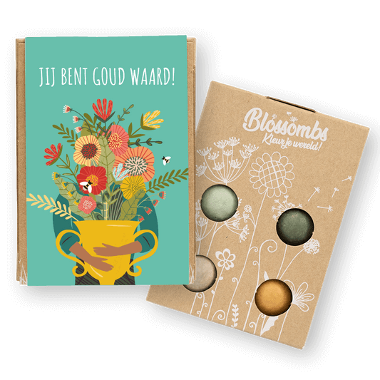 Gift box with Blossombs featuring vibrant flowers and the text 'Jij bent goud waard!' for eco-friendly gifting.