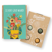 Gift box with Blossombs featuring vibrant flowers and the text 'Jij bent goud waard!' for eco-friendly gifting.