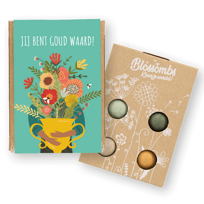 Gift box with Blossombs featuring vibrant flowers and the text 'Jij bent goud waard!' for eco-friendly gifting.