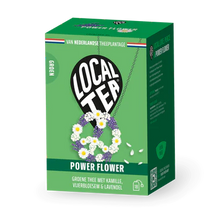 Power Flower Theezakjes verpakking met groene thee, kamille, vlierbloesem en lavendel van Local Tea.