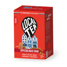 Speculaas Chai Theezakjes verpakking van Local Tea, met speculaaskarakter en warme kruiden.