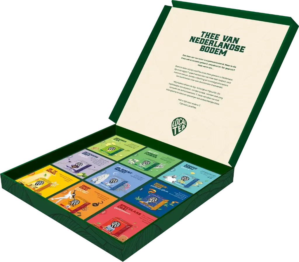 Cadeauverpakking 9-vaks Groen – Gevuld | Wagemakers Koffie – Thee – Cadeau met diverse soorten thee.