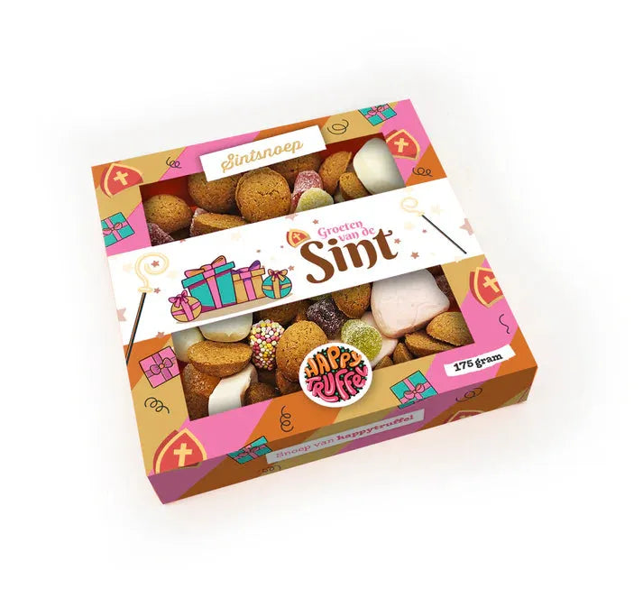 Snoeppakket Groeten van de Sint, een feestelijke mix van Sinterklaas lekkernijen in vrolijke verpakking, 376 gram.