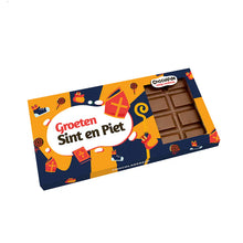 Melkchocolade reep in kleurrijke wikkel met de tekst 'Groeten Sint en Piet' - glutenvrij.