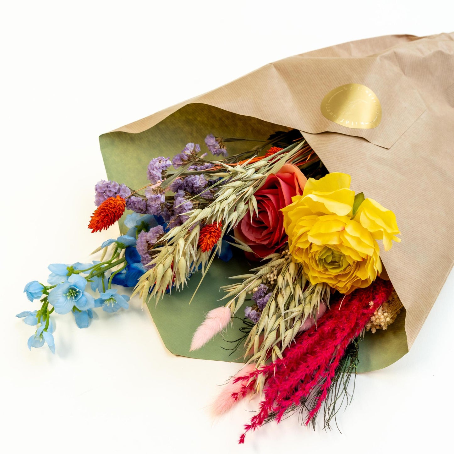 Boeket Kleurrijk met gedroogde en zijden bloemen in verschillende felle kleuren | 55cm lengte